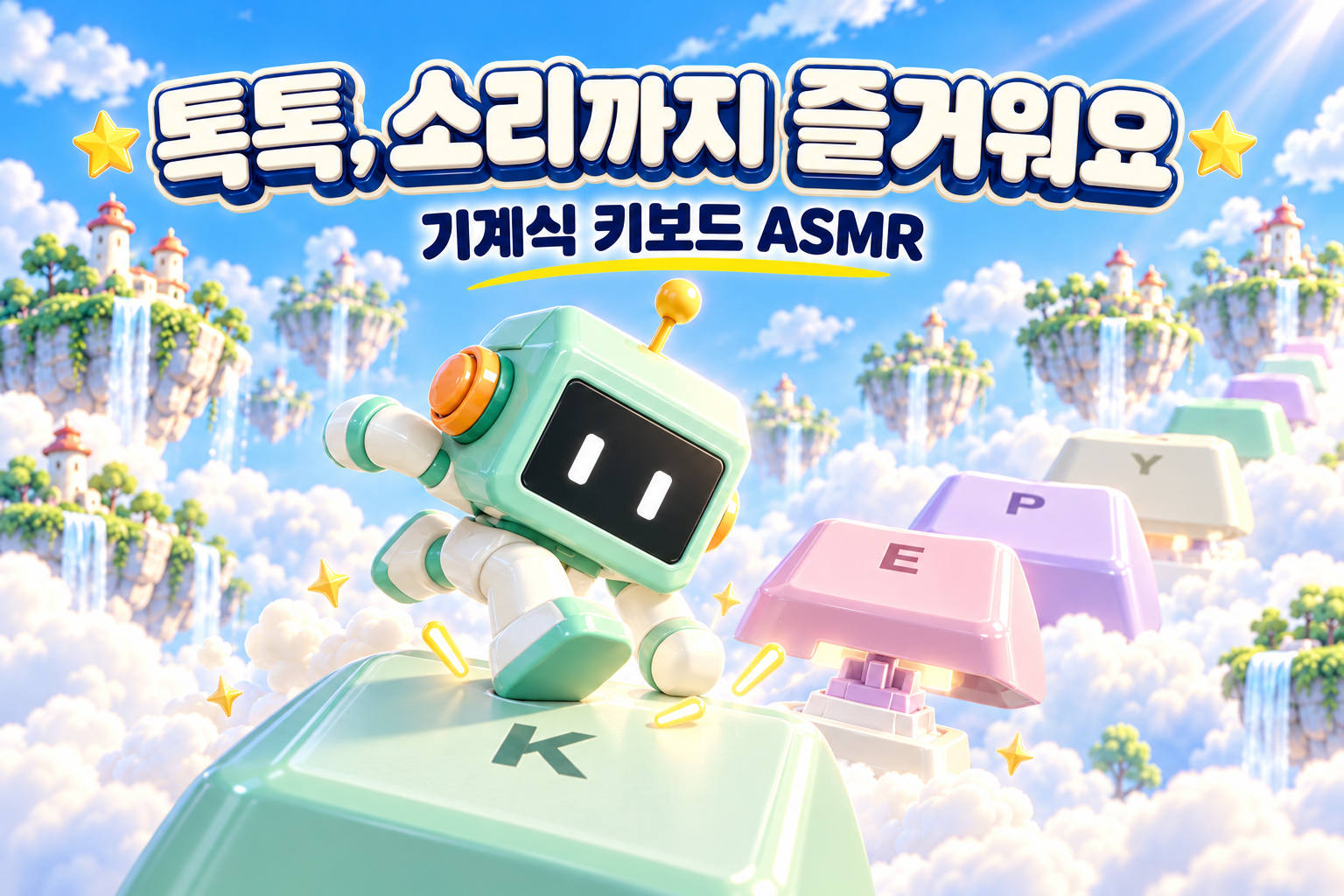 톡톡, 소리까지 즐거워요. 기계식 키보드 ASMR. 로봇이 반짝이는 키캡에 착지하는 게임 소개 일러스트.