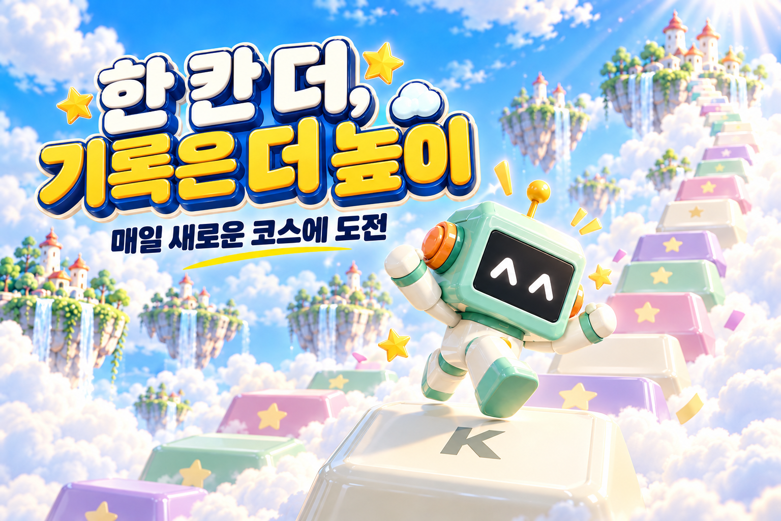 한 칸 더, 기록은 더 높이. 매일 새로운 코스에 도전. 끝없이 이어지는 하늘 계단과 민트 로봇의 게임 소개 일러스트.