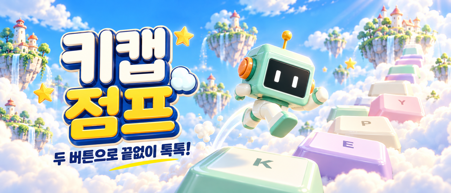 키캡 점프. 두 버튼으로 끝없이 톡톡! 민트색 로봇이 구름 위 파스텔 키캡 계단을 점프하는 게임 소개 일러스트.
